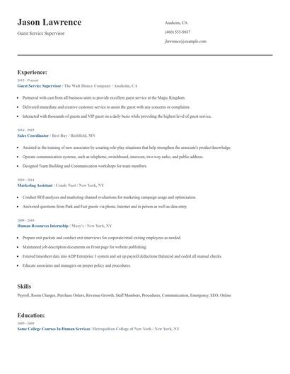 Guest Service Supervisor Resume