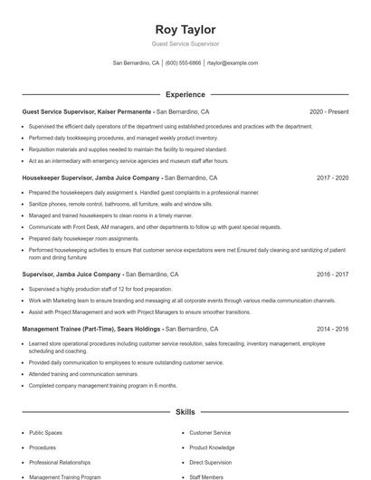 Guest Service Supervisor Resume