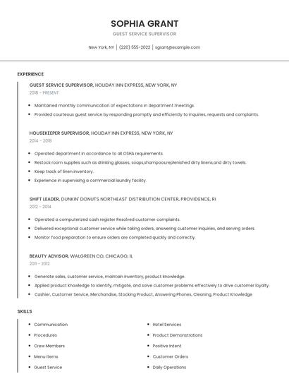 Guest Service Supervisor Resume