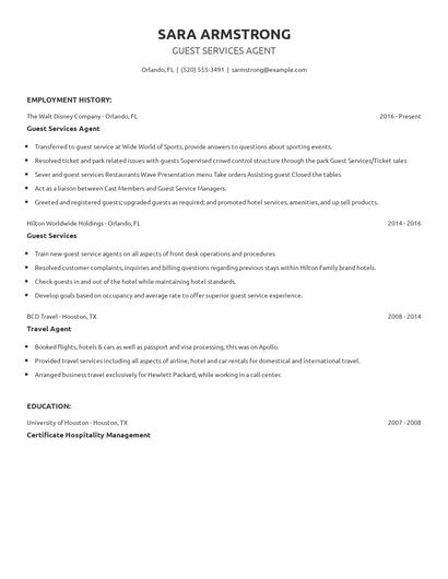Guest Services Agent Resume