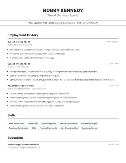Guest Services Agent Resume