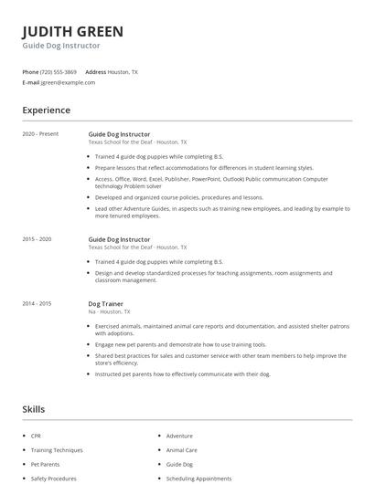 Guide Dog Instructor Resume