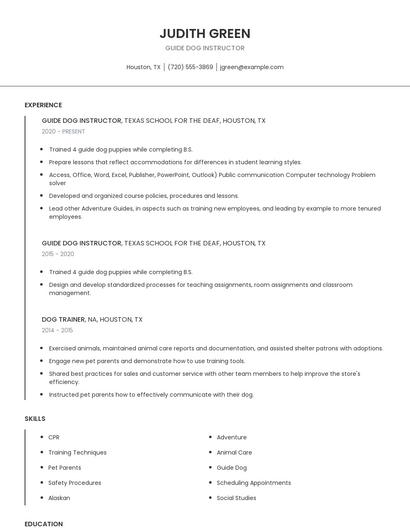 Guide Dog Instructor Resume