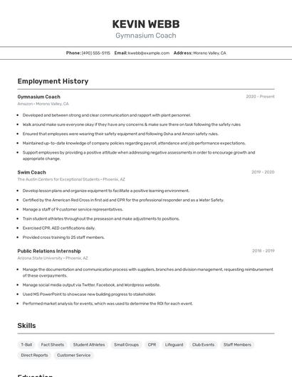 Gymnasium Coach Resume