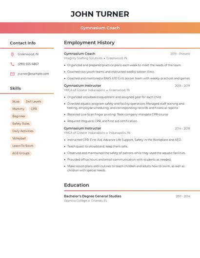 Gymnasium Coach Resume