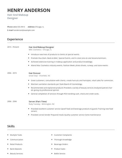Hair And Makeup Designer Resume