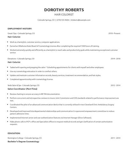 Hair Colorist Resume