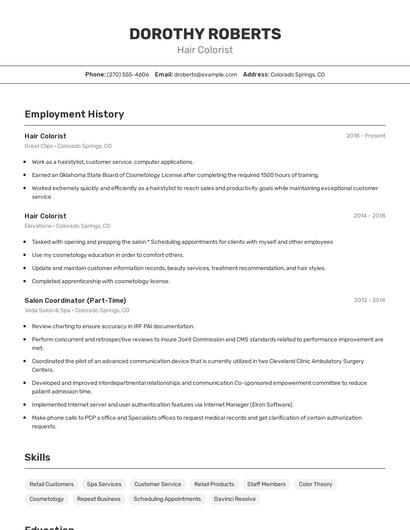 Hair Colorist Resume