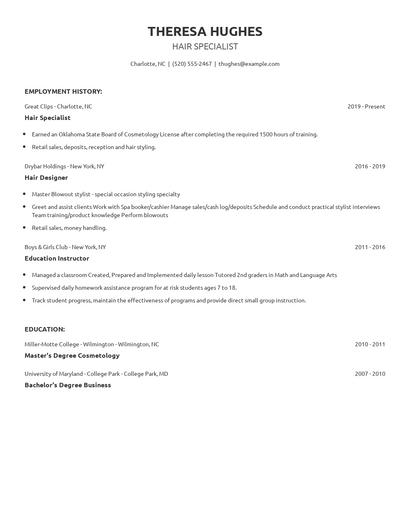 Hair Specialist Resume