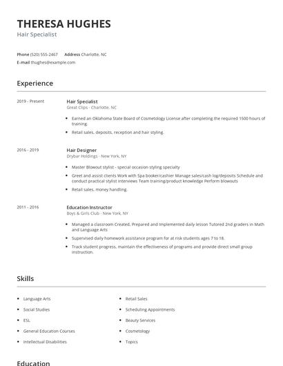 Hair Specialist Resume