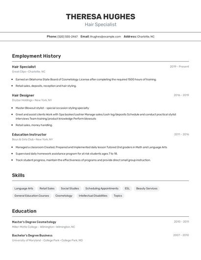 Hair Specialist Resume