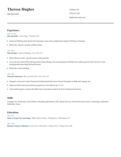 Hair Specialist Resume