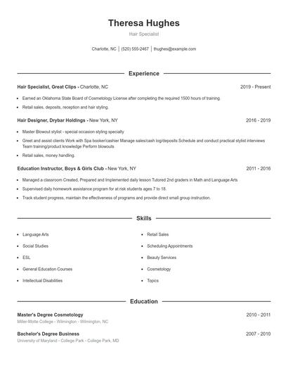 Hair Specialist Resume
