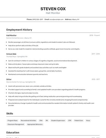 Hall Monitor Resume