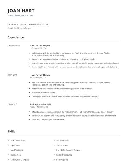 Hand Former Helper Resume