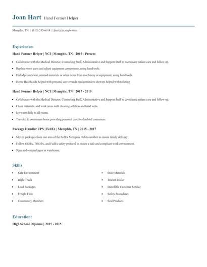 Hand Former Helper Resume