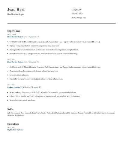 Hand Former Helper Resume