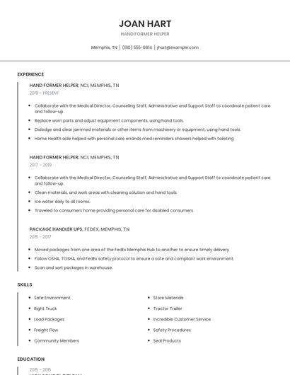 Hand Former Helper Resume