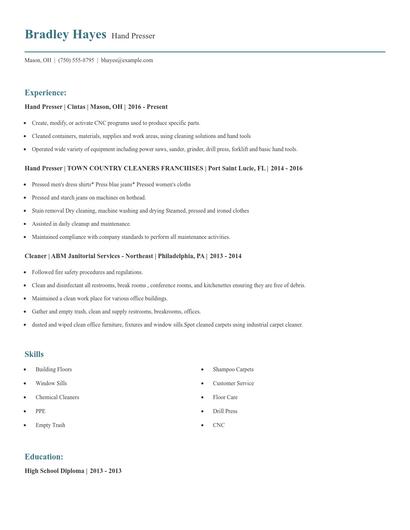 Hand Presser Resume
