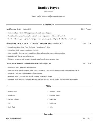 Hand Presser Resume