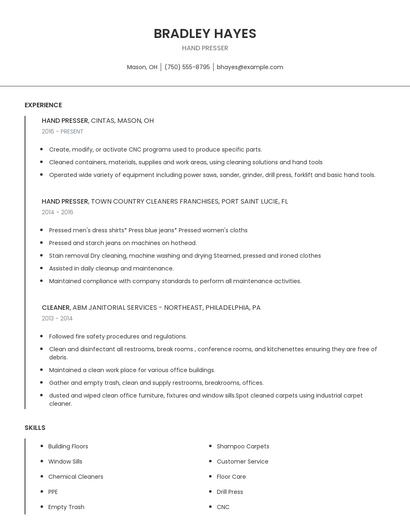 Hand Presser Resume