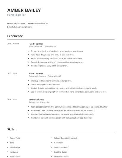 Hand Tool Filer Resume