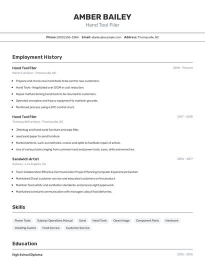 Hand Tool Filer Resume