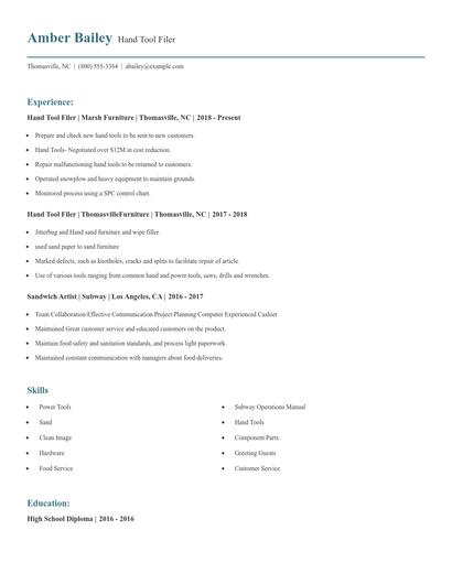 Hand Tool Filer Resume