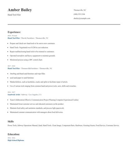 Hand Tool Filer Resume