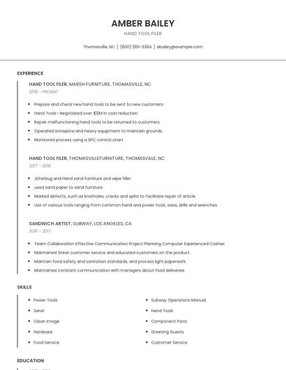 Hand Tool Filer Resume