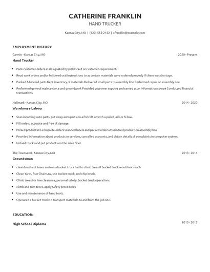Hand Trucker Resume