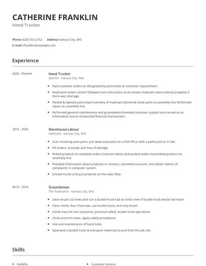 Hand Trucker Resume