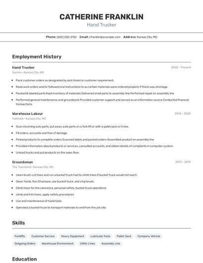 Hand Trucker Resume