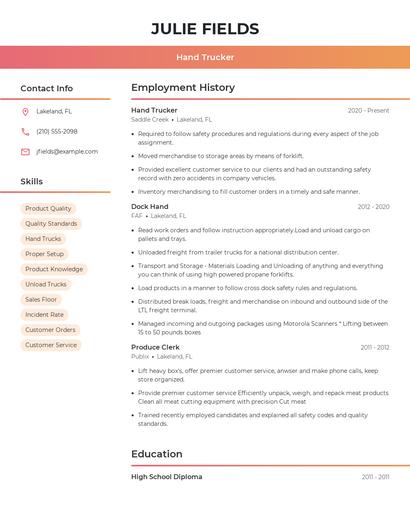 Hand Trucker Resume