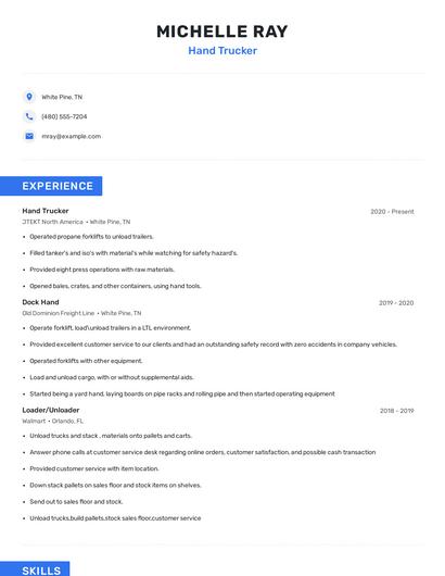 Hand Trucker Resume