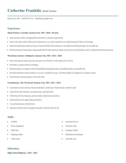 Hand Trucker Resume