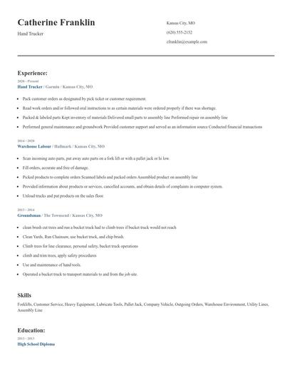 Hand Trucker Resume