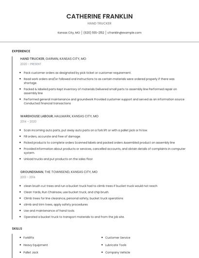 Hand Trucker Resume