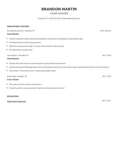 Hand Washer Resume