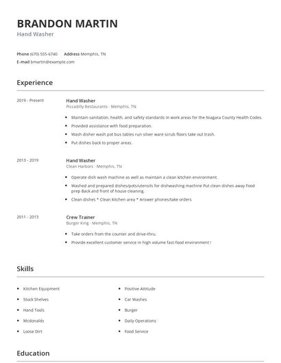 Hand Washer Resume