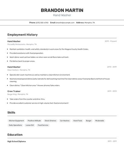 Hand Washer Resume