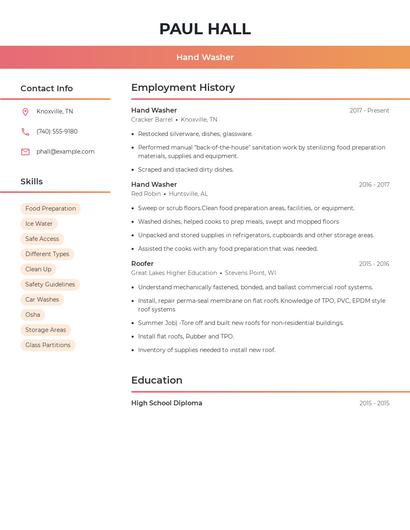 Hand Washer Resume
