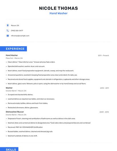 Hand Washer Resume