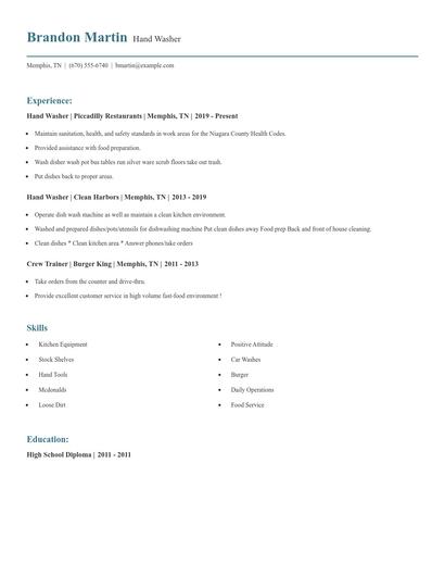 Hand Washer Resume