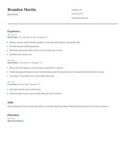 Hand Washer Resume
