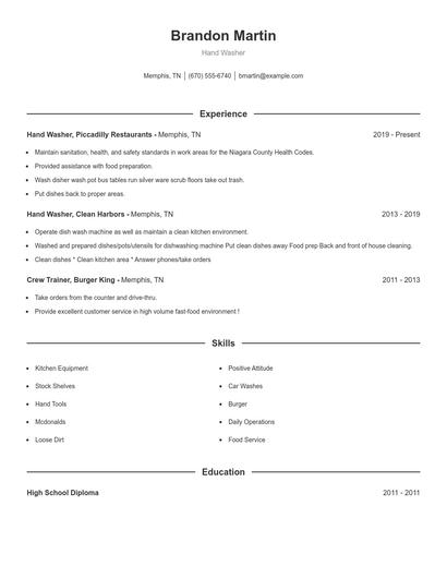 Hand Washer Resume