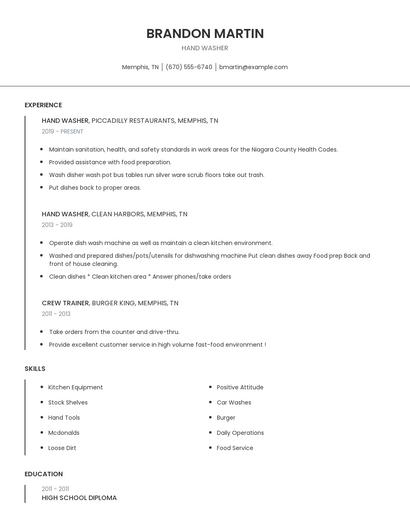 Hand Washer Resume