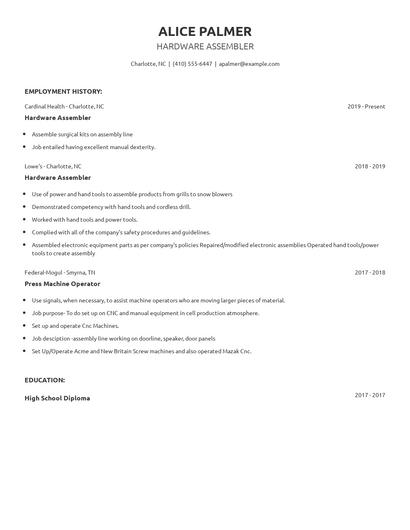 Hardware Assembler Resume