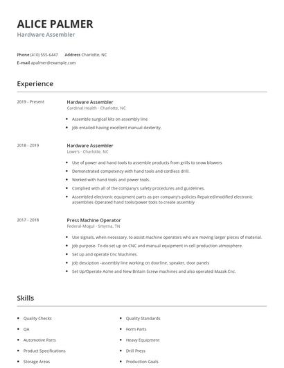 Hardware Assembler Resume