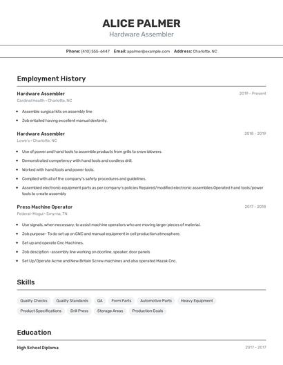 Hardware Assembler Resume